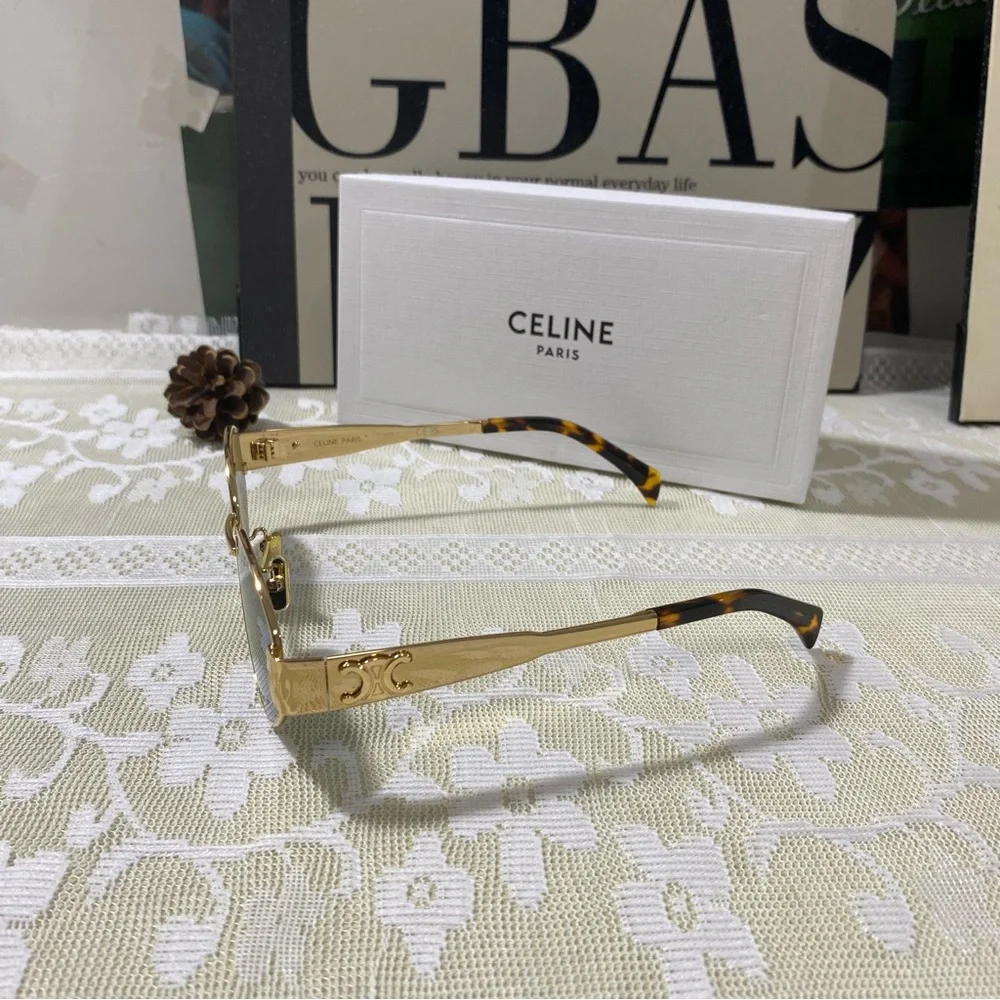 CELINE Gold Frame Oval Sunglasses with Green Lenses